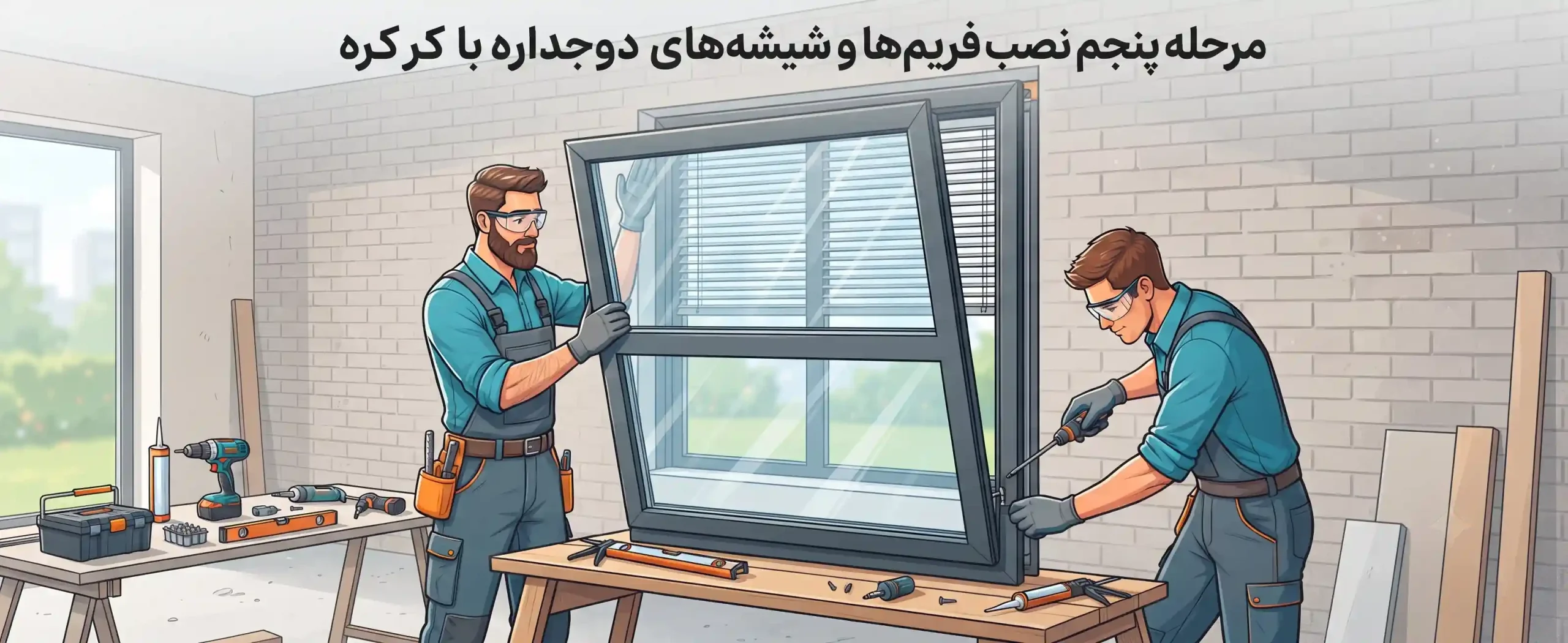 ⚙️ مرحله پنجم نصب فریم‌ها و شیشه‌های دوجداره با کرکره