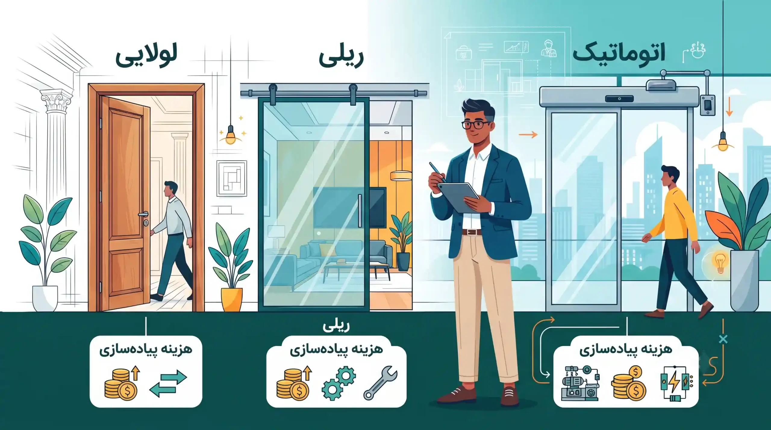 🚪 انتخاب نوع درب (لولایی، ریلی یا اتوماتیک) و هزینه پیادهسازی