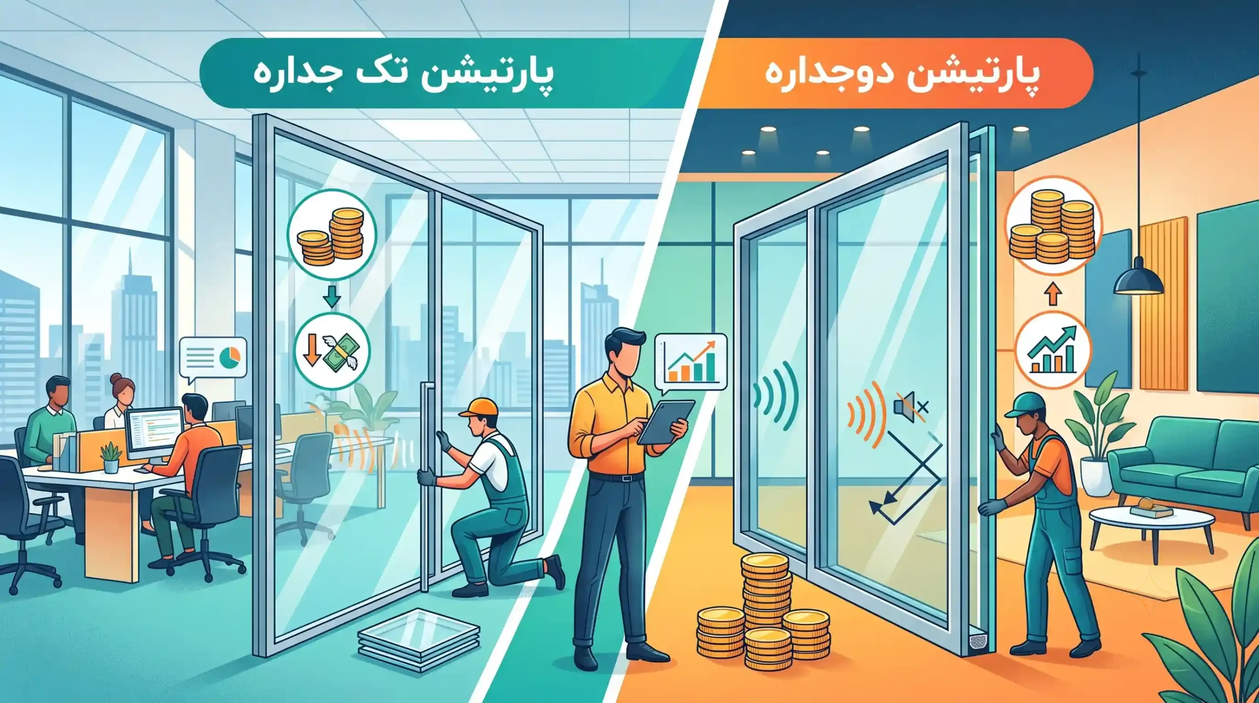 💰 تفاوت قیمت و هزینههای اجرایی پارتیشن تک جداره و دوجداره