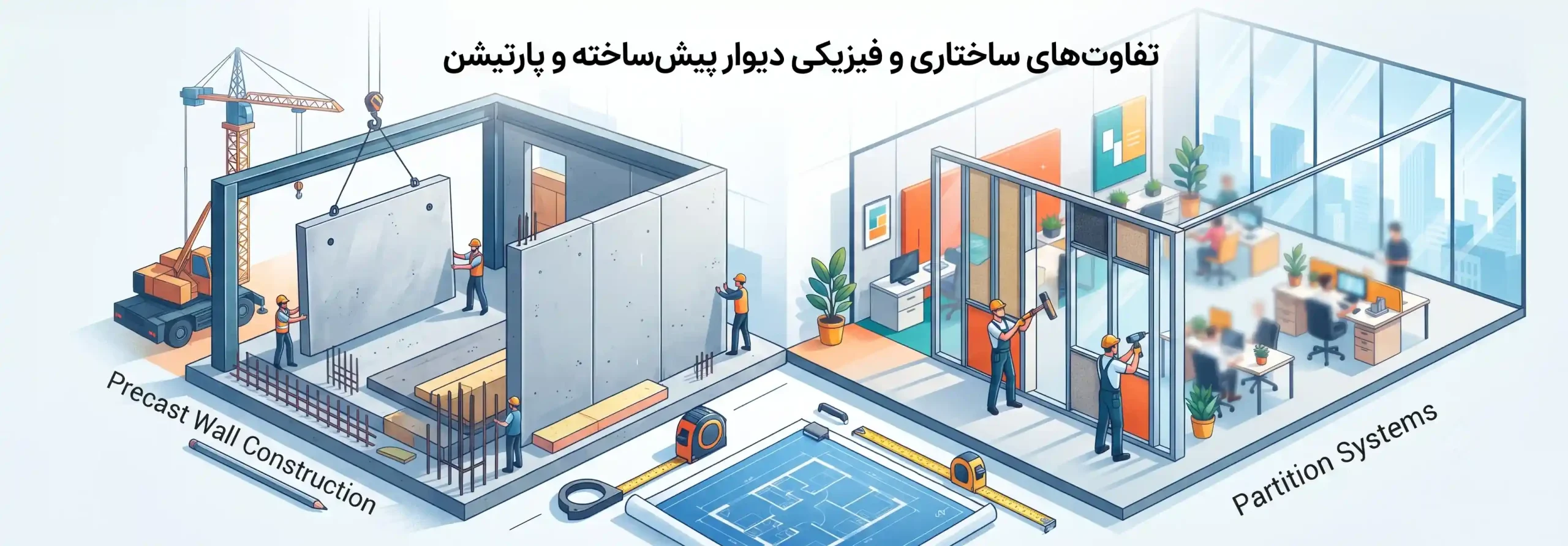 ⚖️ تفاوتهای ساختاری و فیزیکی دیوار پیشساخته و پارتیشن