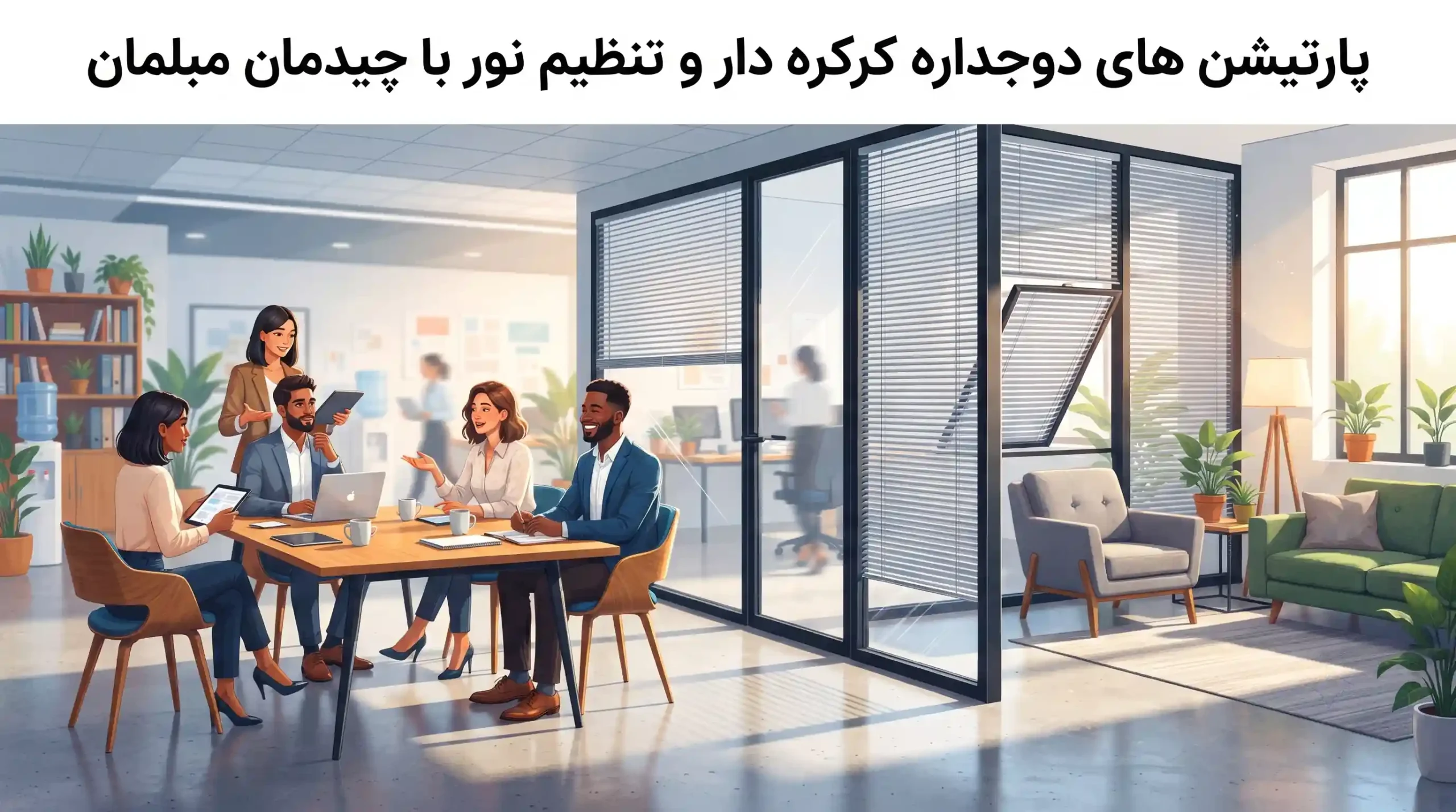 🛠️ پارتیشن های دوجداره کرکره دار و تنظیم نور با چیدمان مبلمان