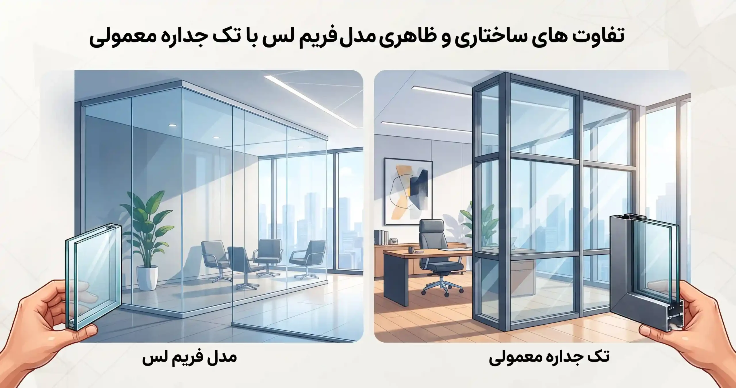 🔍 تفاوت های ساختاری و ظاهری مدل فریم لس با تک جداره معمولی