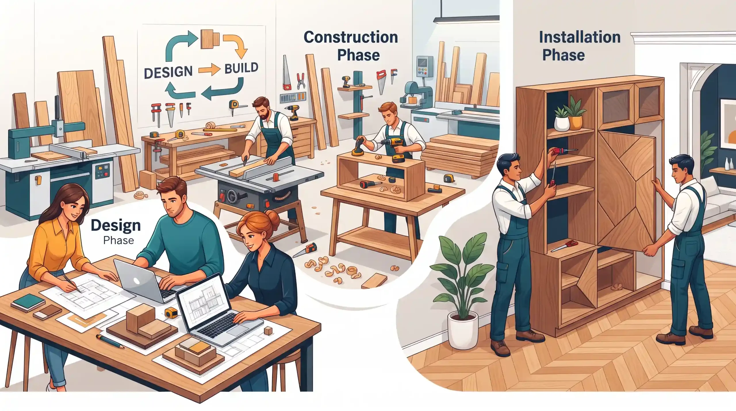 💼 مراحل طراحی، ساخت و نصب پروژهها در تات چوب