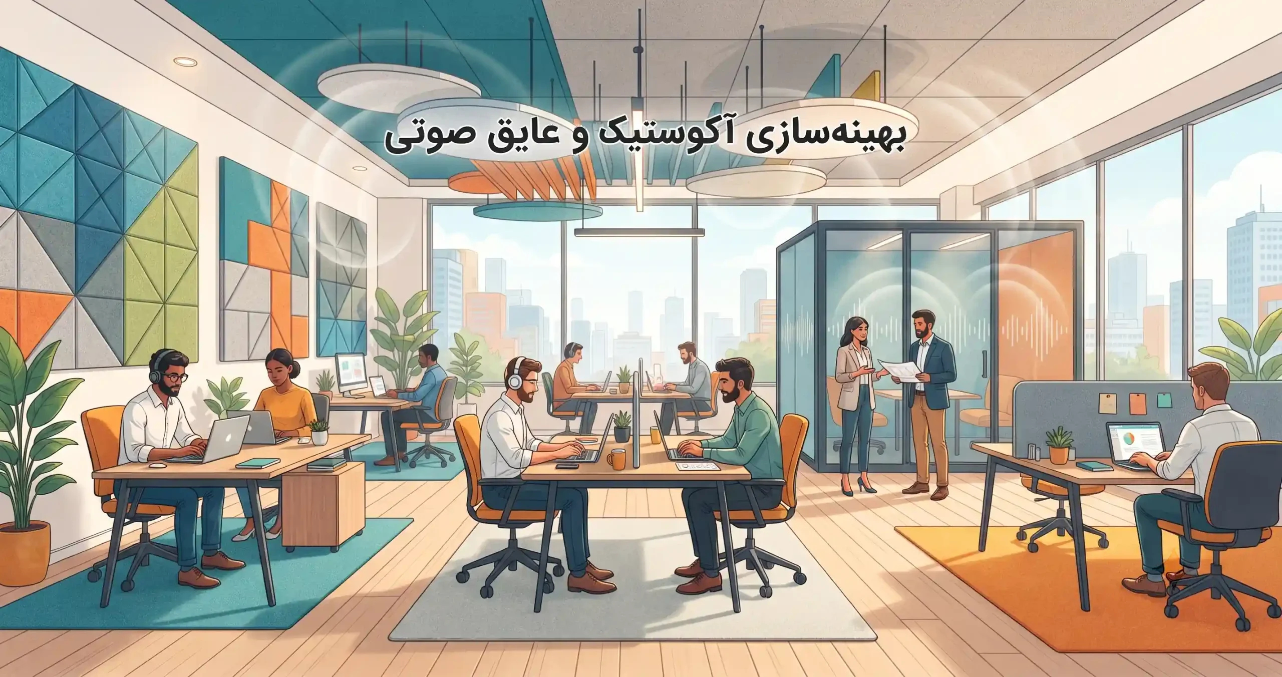 🎯 بهینه‌سازی آکوستیک و عایق صوتی در فضاهای کاری شلوغ