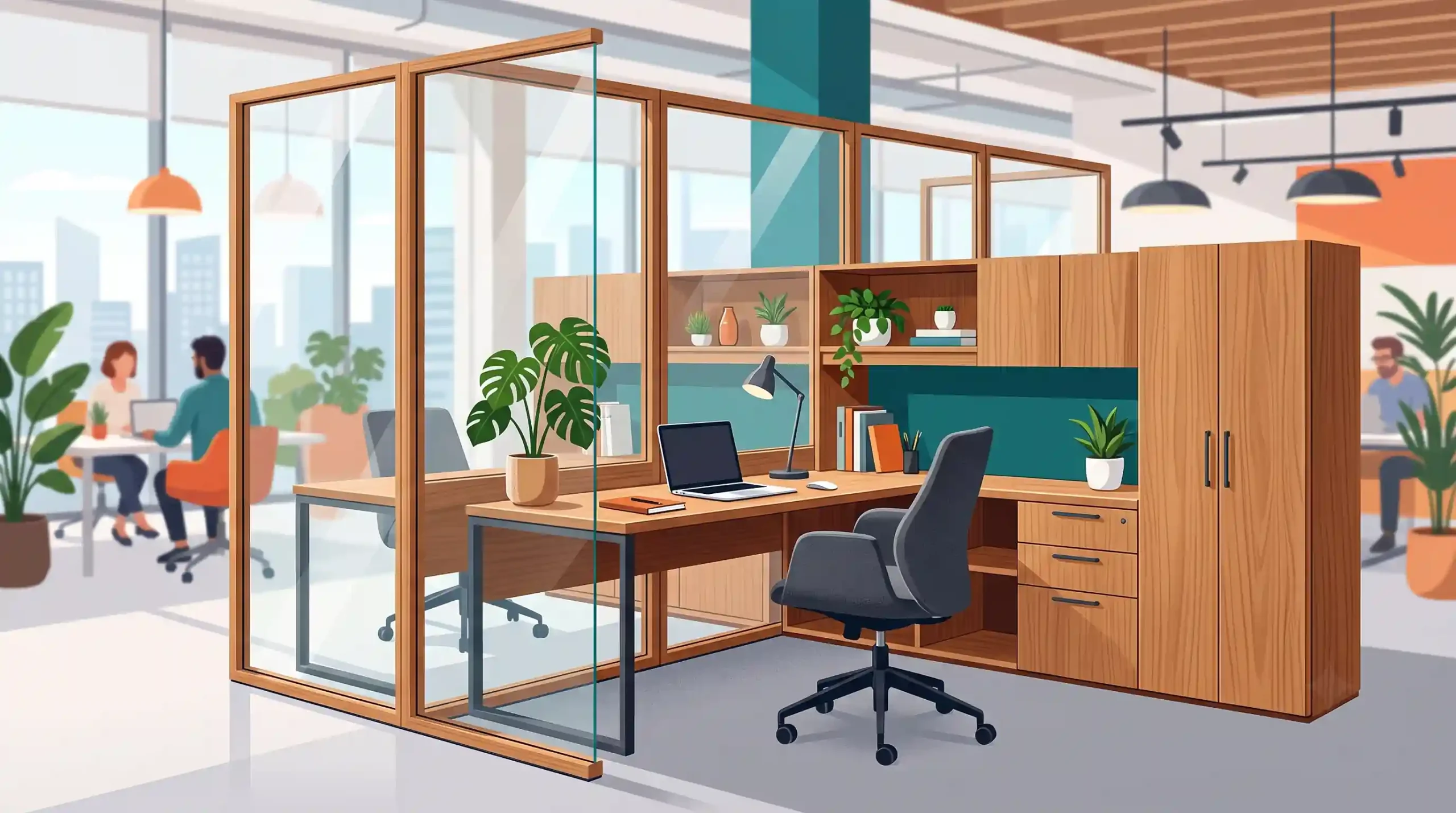 🖥️ ایده هفتم – هماهنگی کامل پارتیشن با میز و صندلی اداری و کابینت تات چوب